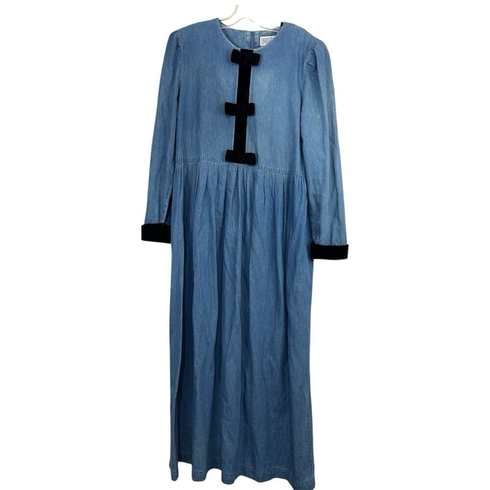 Vtg 90s Denim Maxi Dress Sz 10 Blue Long Black Velvet Bows Modest Cottagecore‎